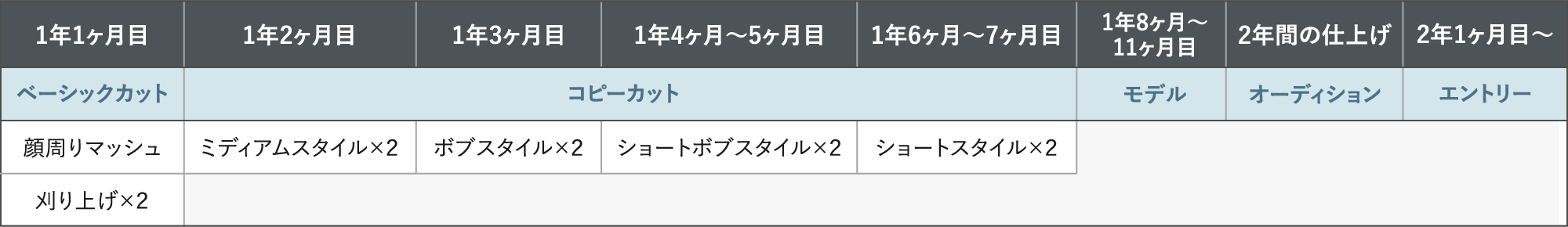 「1年1ヶ月目」ベーシックカット：顔周りマッシュ・刈り上げ×２ 「1年2ヶ月目」コピーカット：ミディアムスタイル×２ 「1年3ヶ月目」コピーカット：ボブスタイル×２ 「1年4ヶ月〜5ヶ月目」コピーカット：ショートボブスタイル×２ 「1年6ヶ月〜7ヶ月目」コピーカット：ショートスタイル×２ 「1年8ヶ月〜11ヶ月目」モデル 「2年間の仕上げ」オーディション 「2年1ヶ月目〜」エントリー